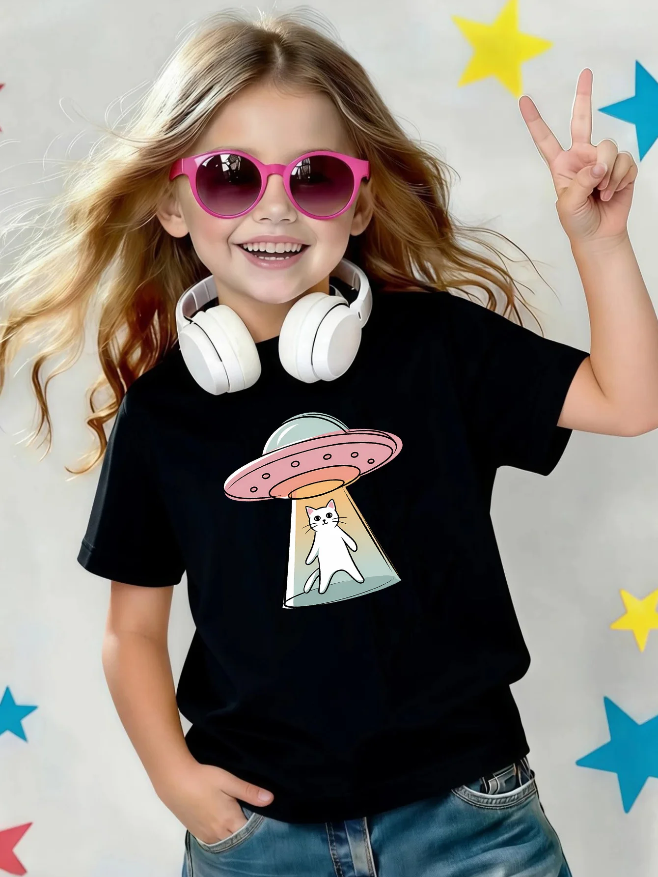 Cartoon UFO White Cat Alien Abduction Print Kid T Shirt Boy Girl Cotton Short Sleeve Parent Child Trendy Summer Casual Basic Tee