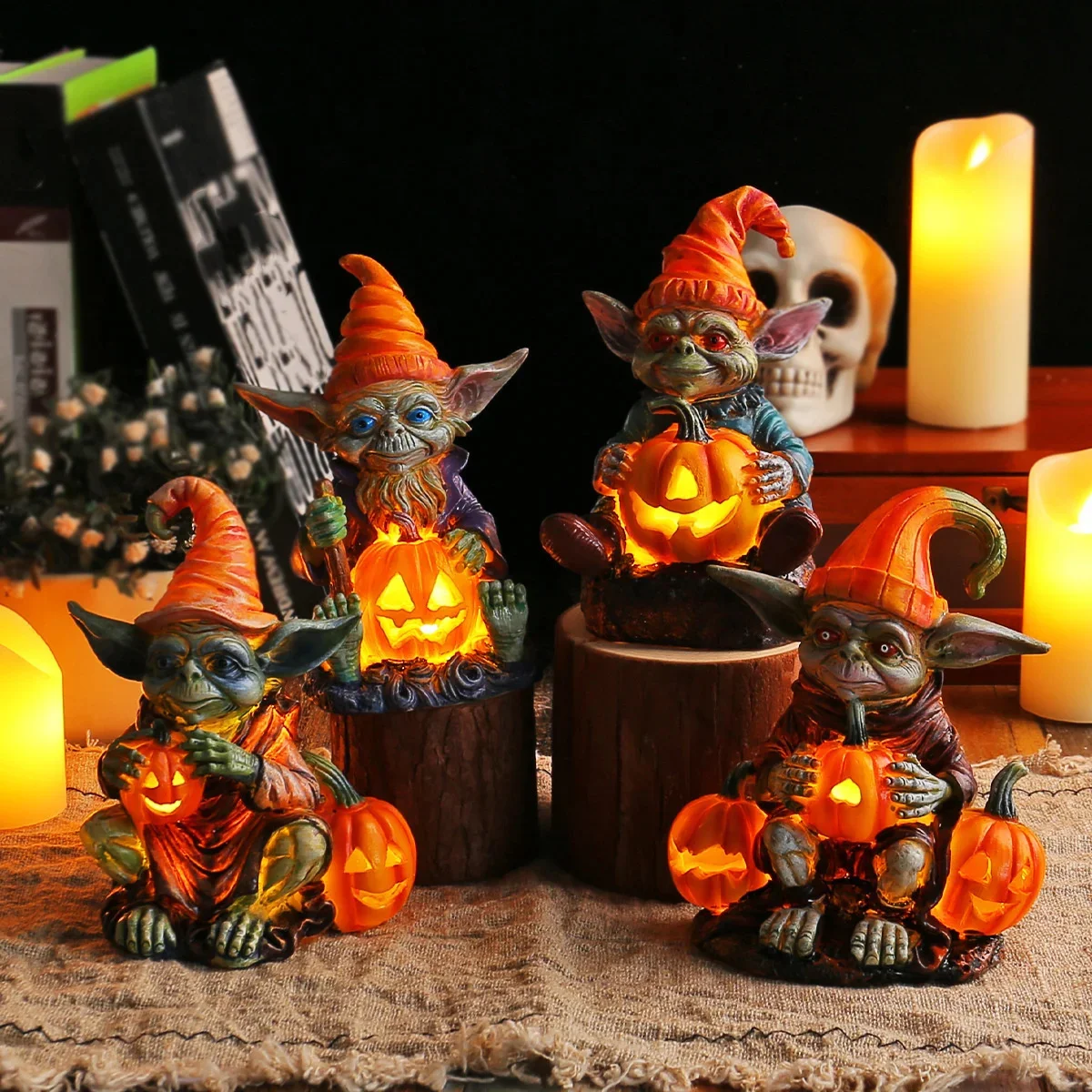 1/4pcs Halloween Pumpkin Lantern Elf Resin Craftsmanship Decoration Home Desktop Luminous Goblin Doll Decoration Funny Cute Toys