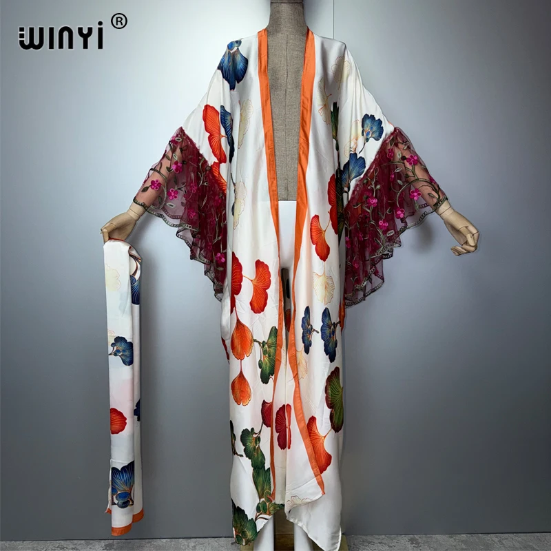 WINYI Women's Boho Kimono Cardigan Summer Fashion Kaftan Dress with Embroidered Sleeves Beach Cover up Swimwear with Belt