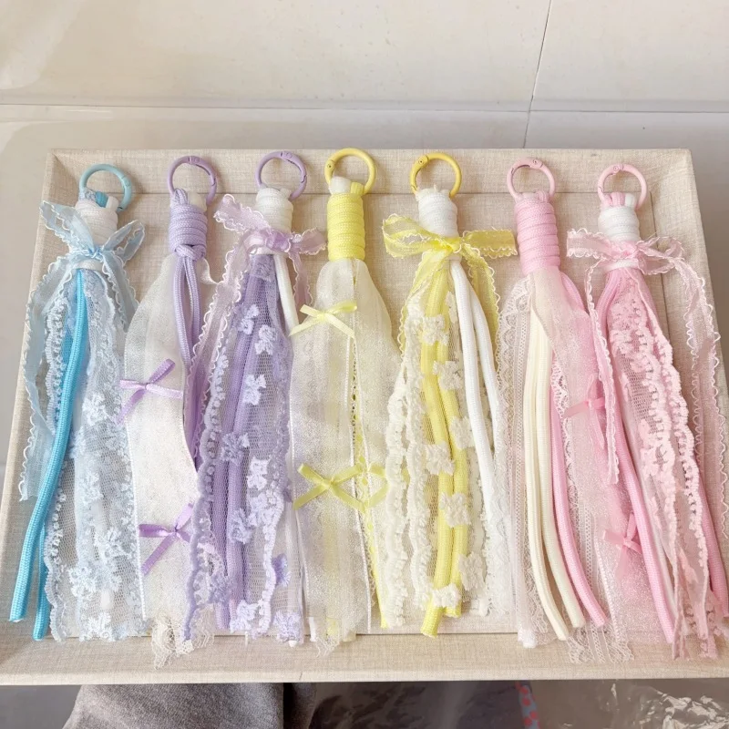 Ins Style Flower Handmade Bow Lace Braided Bag Charm Cellphone Lanyard Pendant with Rattan Edge Phone Strap Purse Keychain Decor