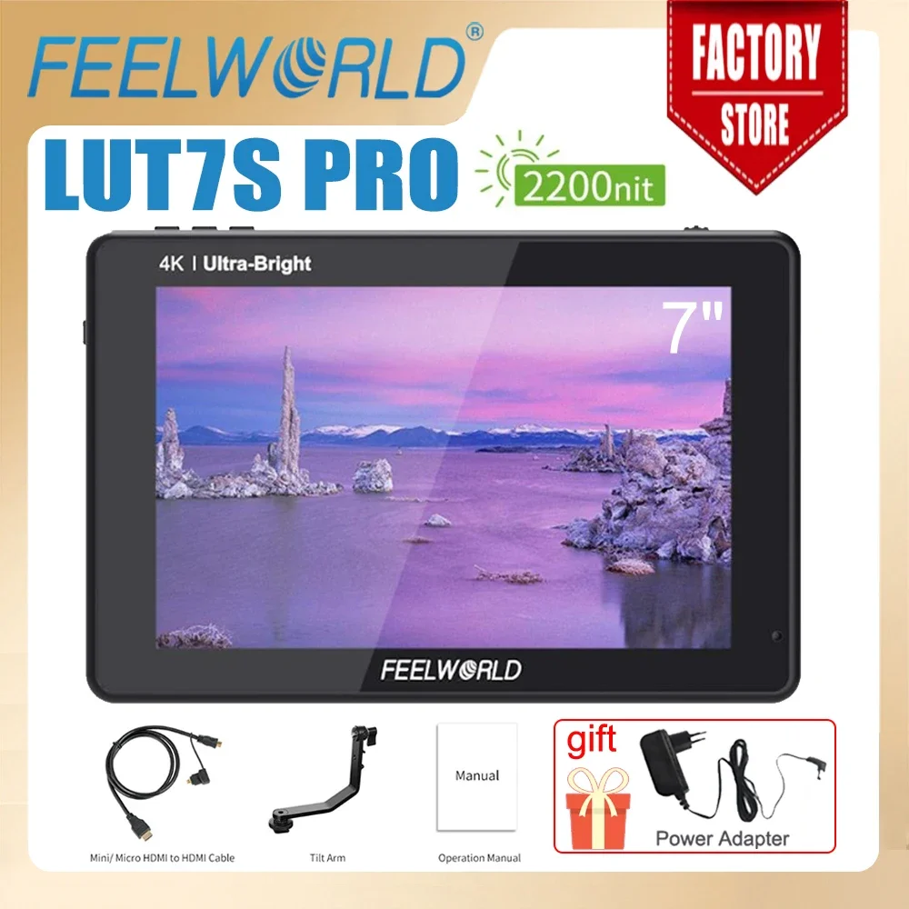 FEELWORLD 7 Inch LUT7 PRO 2200nits Touch Screen Camera Field Monitor 3G SDI LUT 4K HDMI DSLR F970 External Power Install Monitor