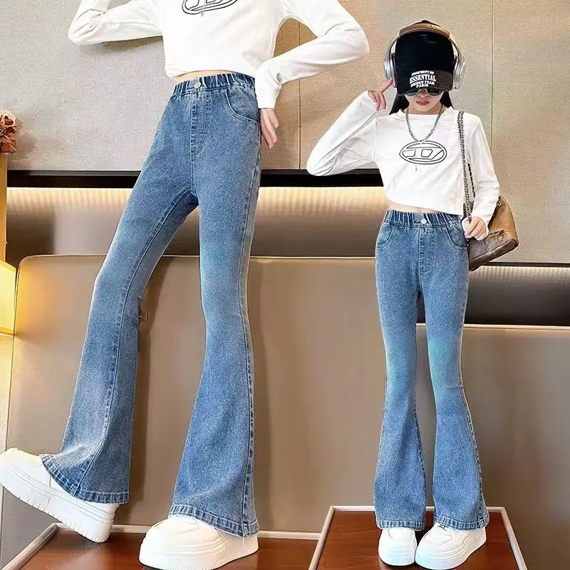 أطفال كلاسيكي خمر الأزرق متوهج الجينز للمراهقين فتاة موضة Bootcut الدنيم السراويل التوأم الطفل عادية التمهيد قطع الجينز بنطلون #2