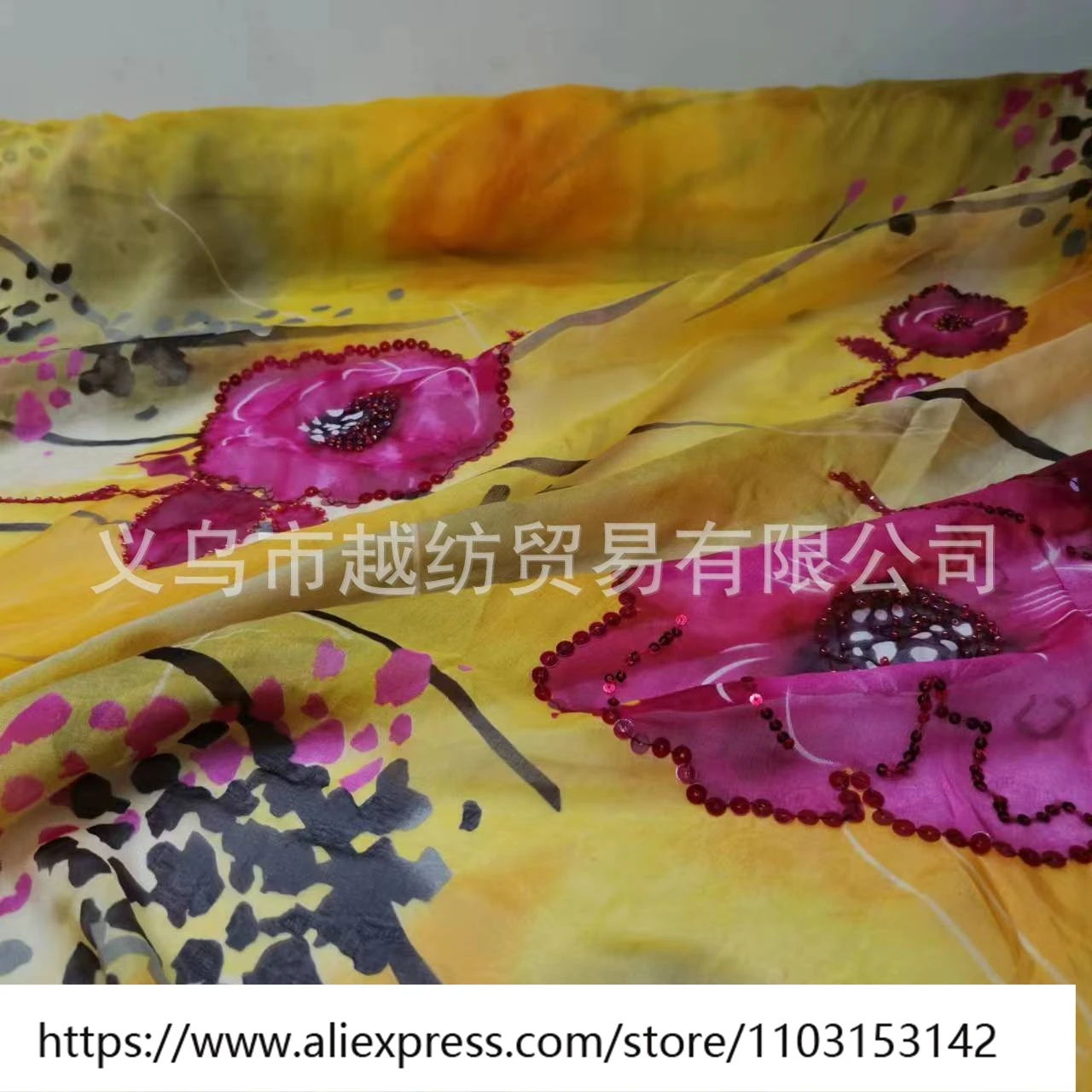 Zomer lichte en dunne zijden chiffon stof 7momme nagel parel borduurwerk pailletten jurk sjaal breed