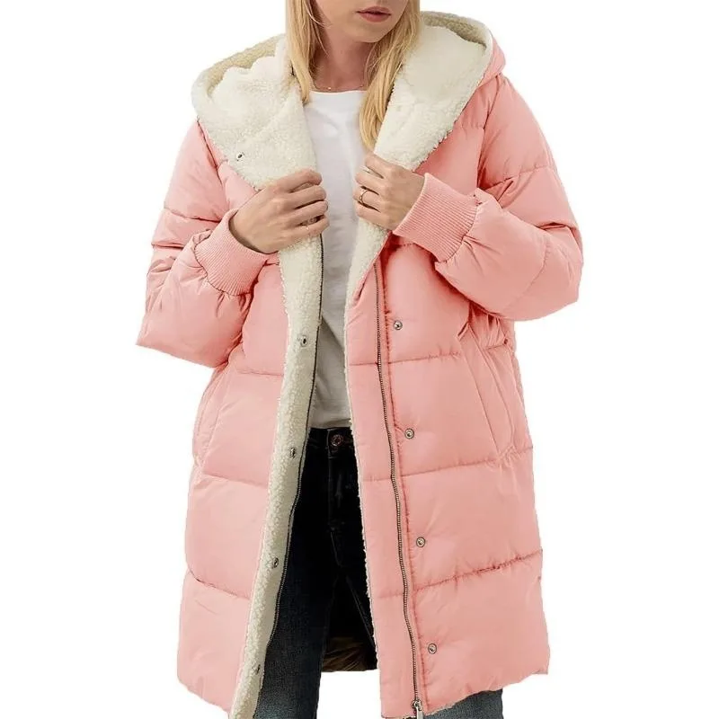 Women's Clothing Solid Warm Fleece Hooded Cotton Coat Long Sleeves Double-sided Velvet Slim Fit Elegant Cardigan Outerwear Top