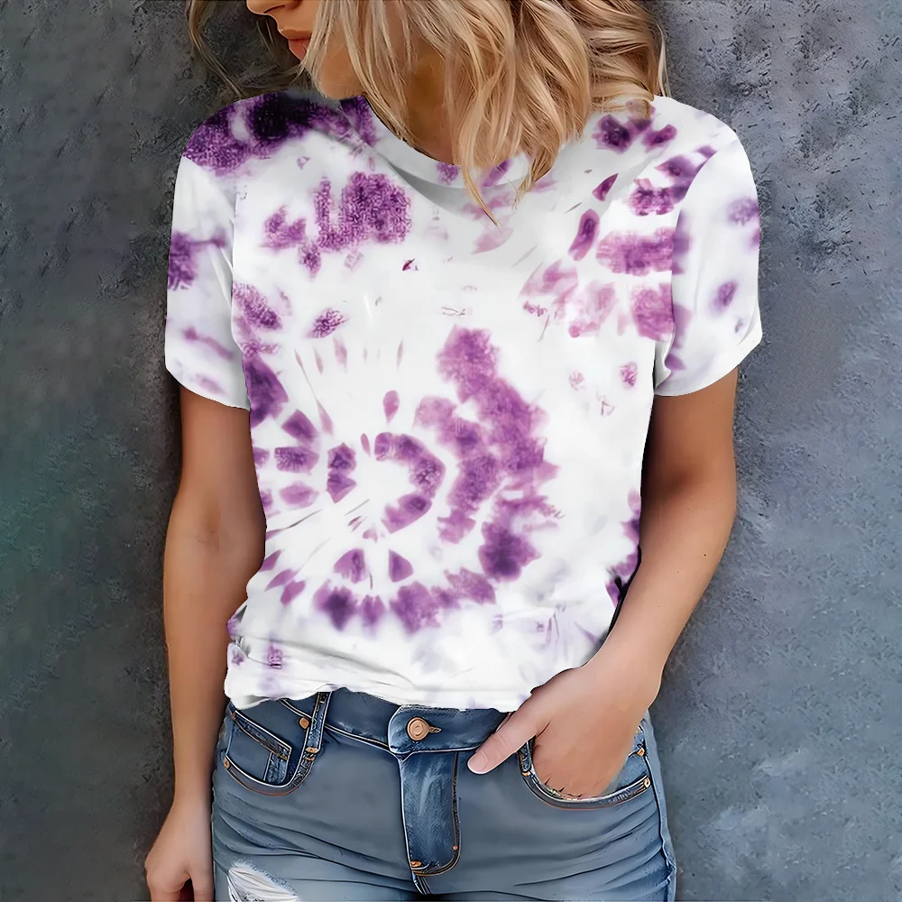 

Women's Purple And White Tie Dye Round Neck T-shirt - Comfortable And Eye-catching Casual Fashion Summer Style Short Sleeve