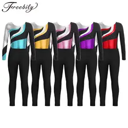Children's Patchwork Ballet Gymnastics Jumpsuit with Leggings 6-16 Kids Dance Wear Set Teens Girls Long Sleeve Skating Leotard