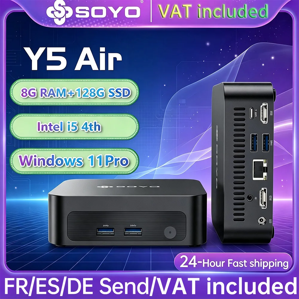 SOYO Mini-PC Y5 AIR Intel Core i5 4. Generation 8GB RAM 128GB SSD Windows 11 Pro Mini-Desktop-Computer WLAN BT4.2 Dual HDMI Display Heim- und Büro-Mini-Computer Business-Mini-PC Energiesparender
