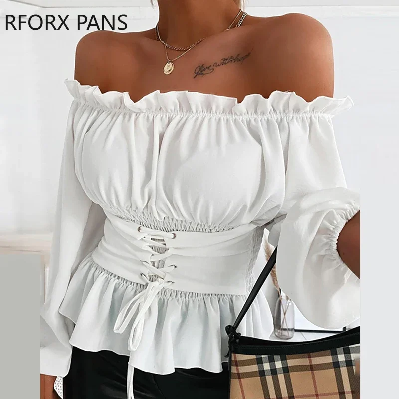 Off Shoulder Lace-Up Front Ruches Casual Blouse Plus Size Tops Lente Tops En Blouses