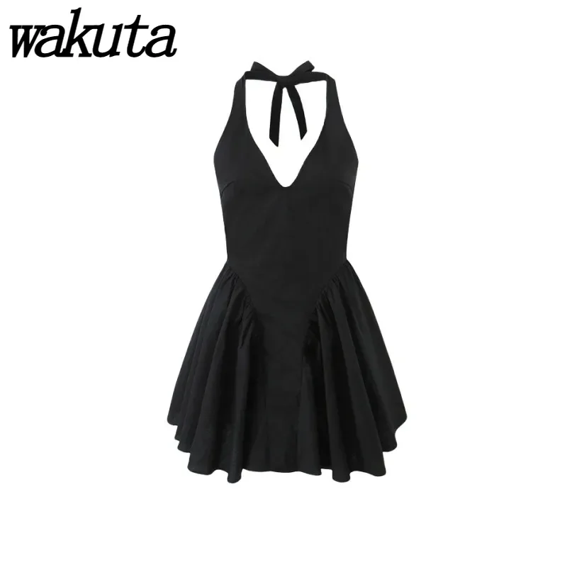 

WAKUTA French Sexy Deep V-neck Neck Tie Dress Female Large Backless Splicing Pleated Slim Waisted Fluffy Short Skirt فساتين ٢٠٢٢