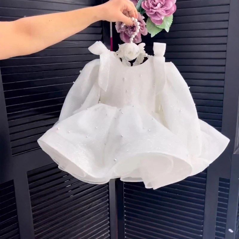 Girls Long Sleeve Dress Costume Children Pearl Bow First Birthday Party Gown Pageant Formal Attire Elegant Celebration Outfit