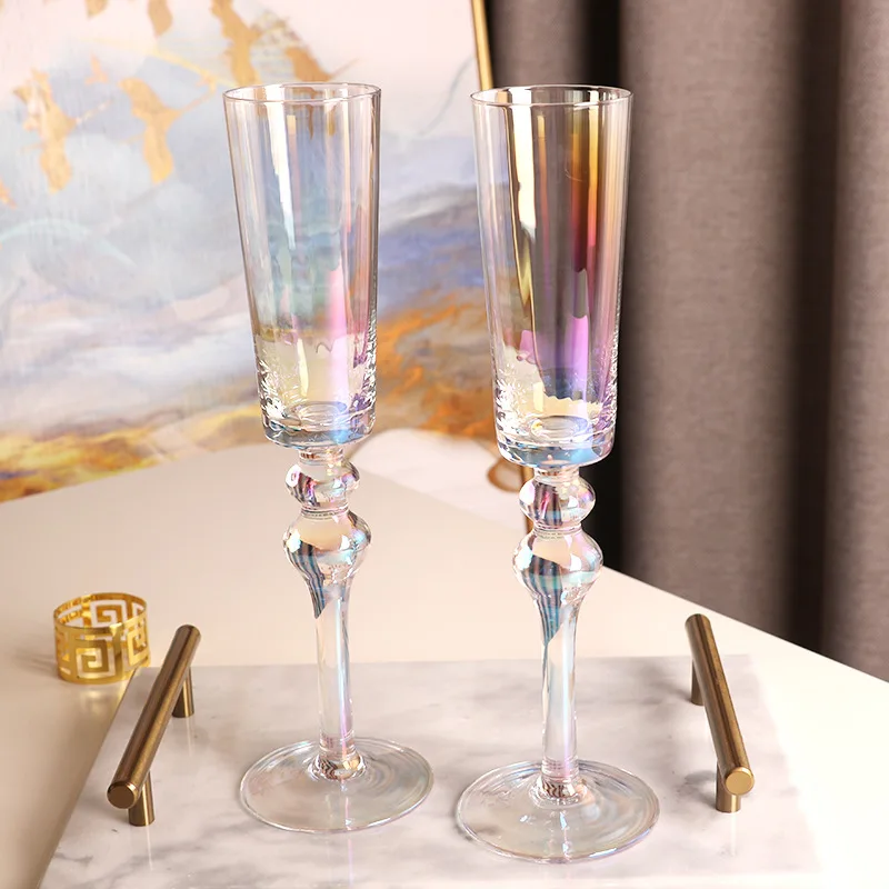 2pcs Streamer Rainbow Champagne Flutes Premium Crystal Hand Blown Sparkling Wine Dessert Wine Cup Holiday Gift Red Wine Glass