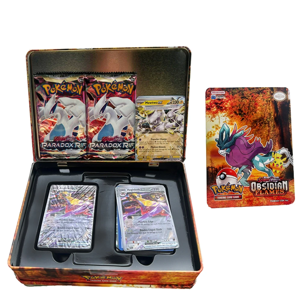 41/42/48/68/118/210 pçs caixa de metal ferro pokemon cartas de negociação jogo branco flare pikachu jogo anime cartões bancários para crianças presente