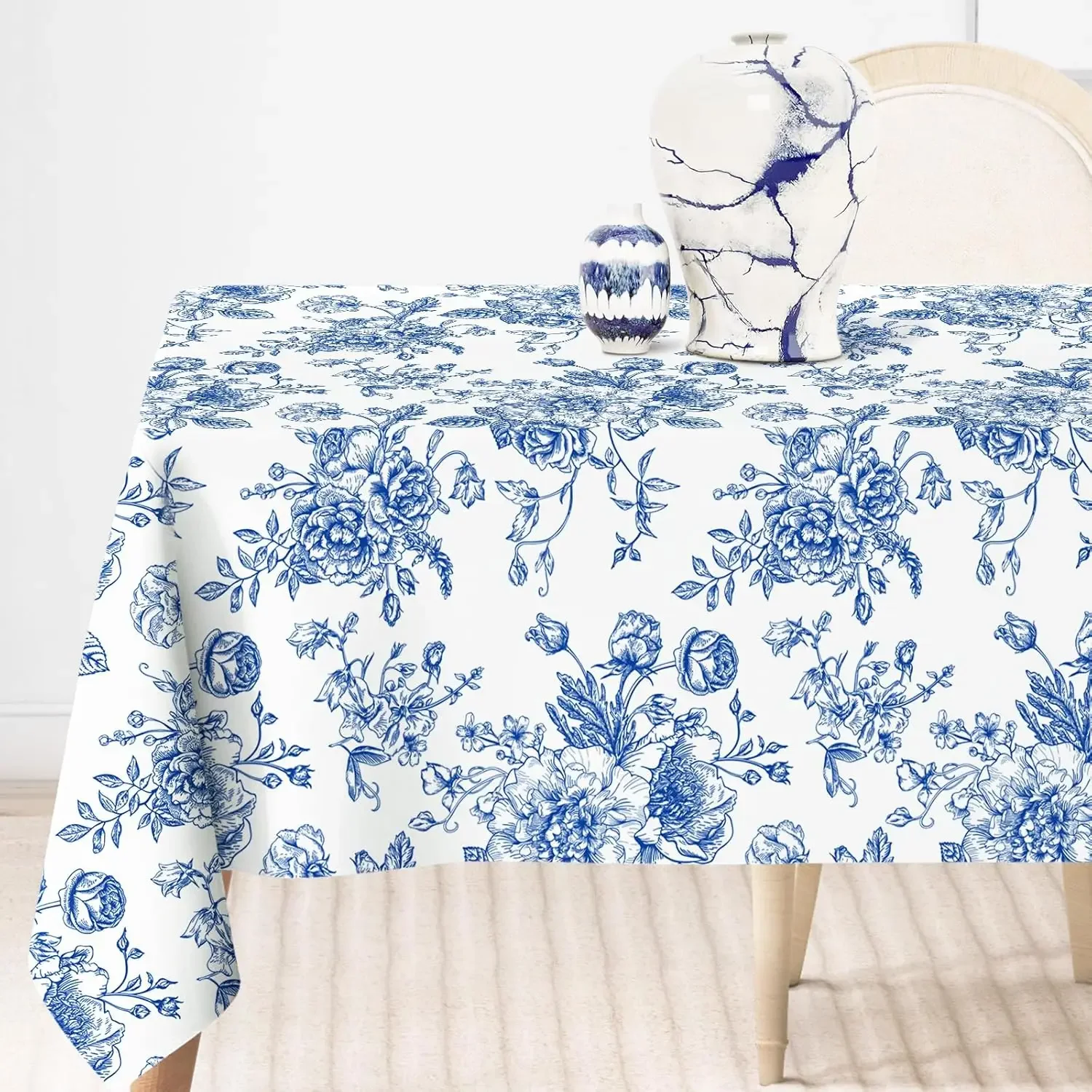 Blue and White Porcelain Floral Waterproof Tablecloth Holiday Party Decor Reusable Rectangle Tablecloth Wedding Decorations