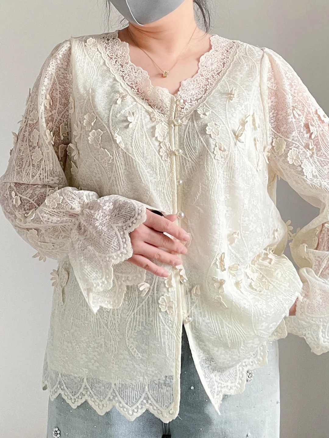 

plus Size Lace Shirt Loose Fit Belly Cover Elegant Style Long Sleeve V-Neck Button up Women's Casual Fashion Spring Clothing