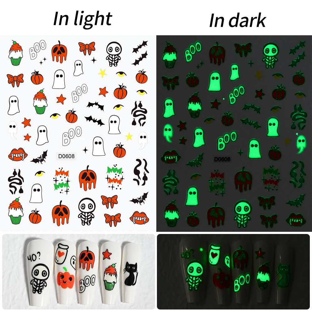 1 pçs 3d bonito brilho no escuro fantasma adesivos de unhas para halloween slime abóbora aranha web luminosa auto adesivo decalques suprimentos para unhas