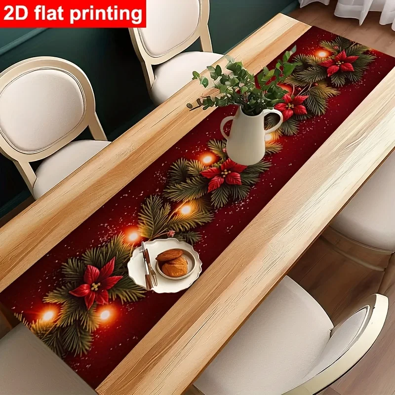 VIKAMA Red Poinsettia Light Table Runner, Xmas Rectangular Dining Table Runner for Holiday Party Home Kitchen Decor