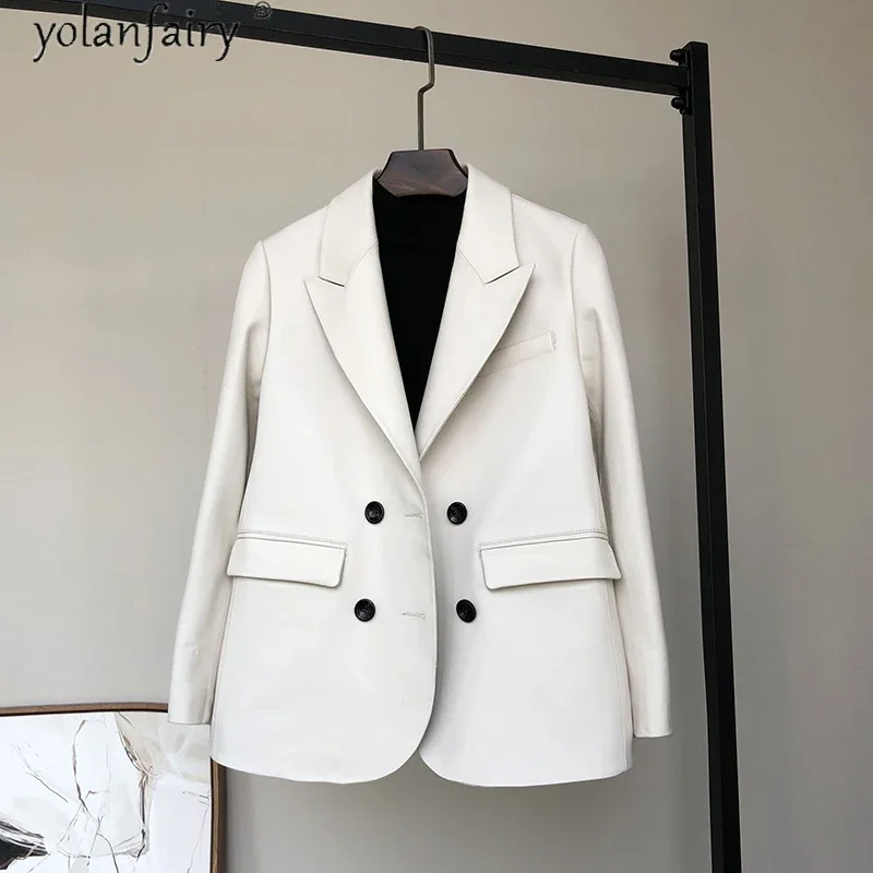 100% echt Schaffell Mantel Weibliche Weiße Echtem Leder Jacke Frauen Frühling Herbst Leder Blazer Veste Femme Cuir 2021 KJ6800