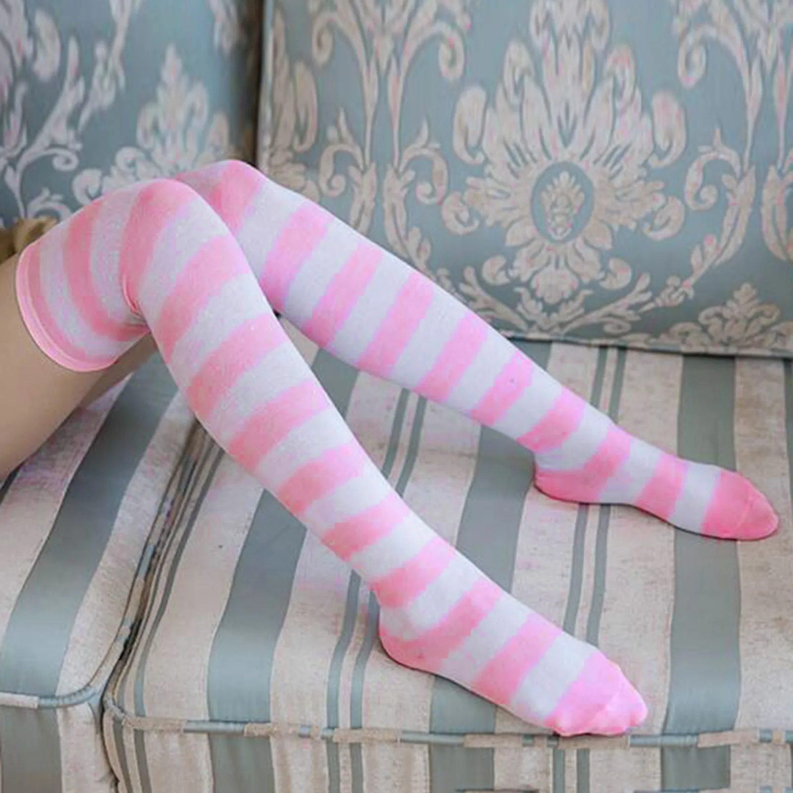 Black Pink Blue Lolita Striped Stockings For Woman Lovely School Girls Knee High Long Stockings Sweet Anime Student Tight Socks