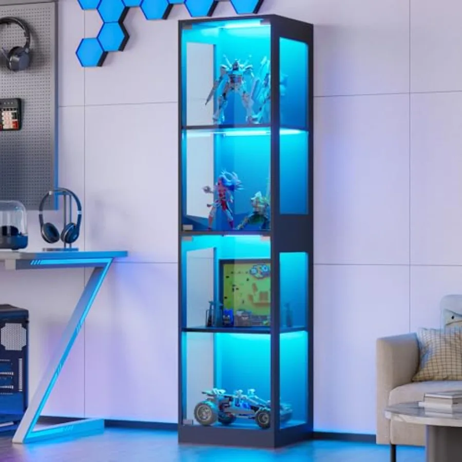 Glass display cabinet with LED RGB lights for collectibles, ideal for playroom or living room use, clear glass doors, modern si
