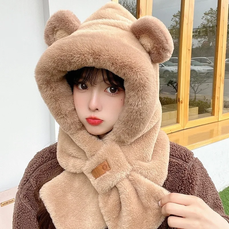 Thicken Fur Winter Warm Hat Scarf One Piece Set Cute Bear Ear Plush Women Girl Hooded Cap Outdoor Cold-proof Earmuffs Beanie