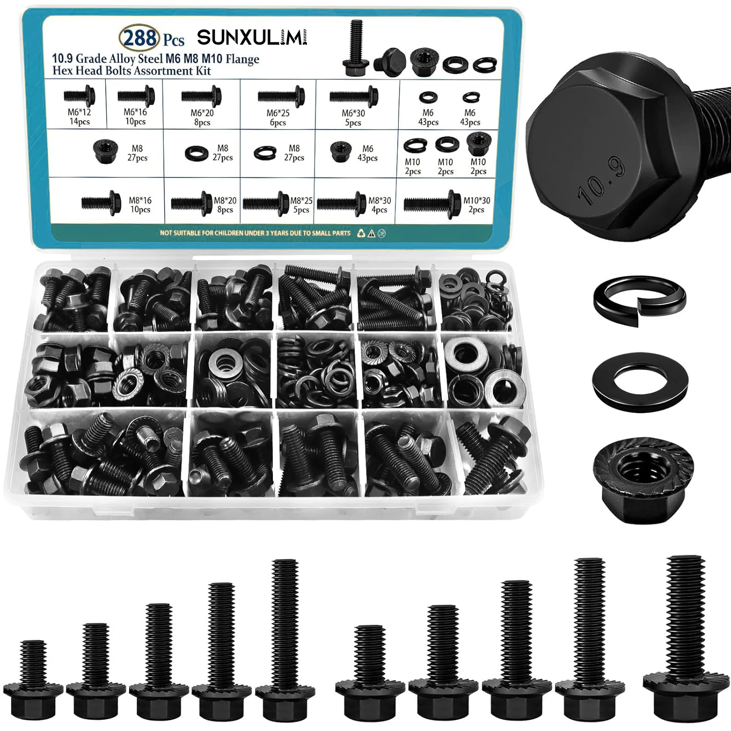 

288 PCSM6M8M10 Фланцевая шестигранная гайка и зубчатая фланцевая шайба в сборе, (12/16/20/25/30 мм)