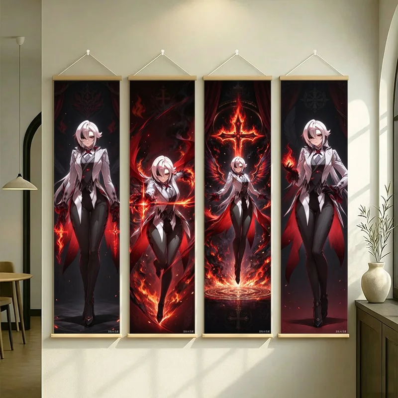 Hanging Scroll Wall Art of Genshin Impact Arlecchino with Dark Crimson Motifs, Silver Shimmer Canvas for an Anime Bedroom