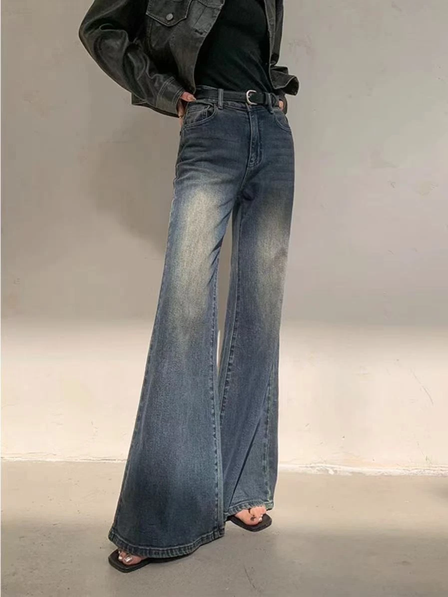 Deeptown Y2k Blue Flare Jeans for Woman Vintage Wide Leg Denim Pants Female Full Length Baggy Pantalones Vaqueros Mujer Spring