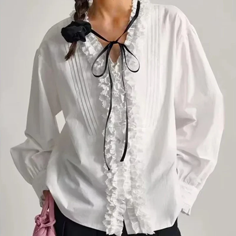

Новые женские модные блузки 2026 года с рюшами, черной лентой и пышными рукавами, однотонные повседневные офисные рубашки для женщин