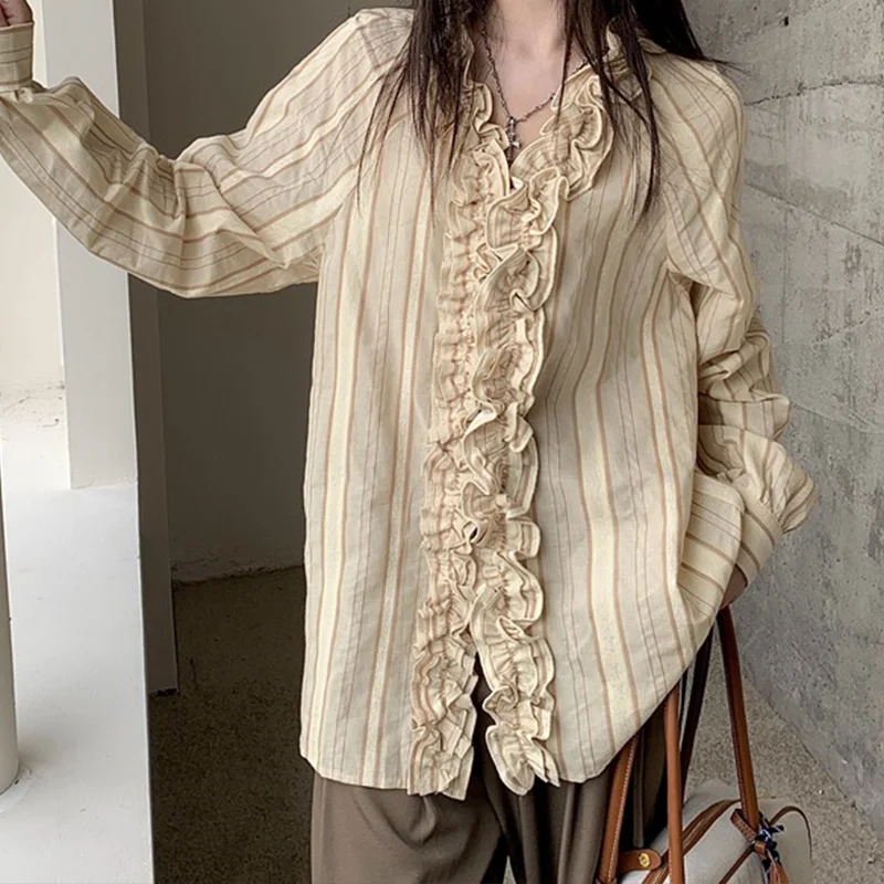 

Women's Khaki Maillard Striped French Shirt V-neck Long Sleeved Y2K High Street 90s Office College Retro Top Shirt 2000s Clothes