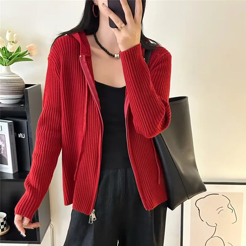 Korean Style Women's Hooded Sweatshirt Jacket 2025 Autumn New Solid Loose Knit Zip Up Hooded Cardigan Y2k Streetwear Women
