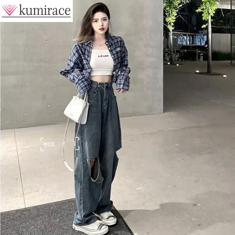 

Three Piece Set Design with Purple Checkered Polo Collar Shirt Tank Top and Denim Pants Three Piece Set for Women Matching Sets