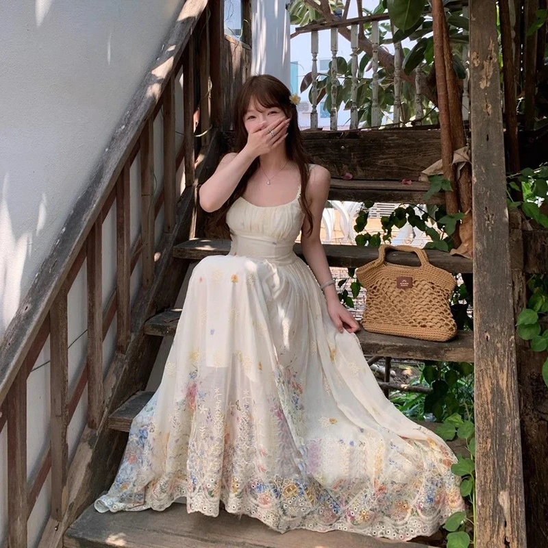 Abito con cinturino per spaghetti con stampa dolce Donna Moda coreana Vacanza Abito floreale senza maniche Estate Harajuku Dolce Camis Abiti lunghi