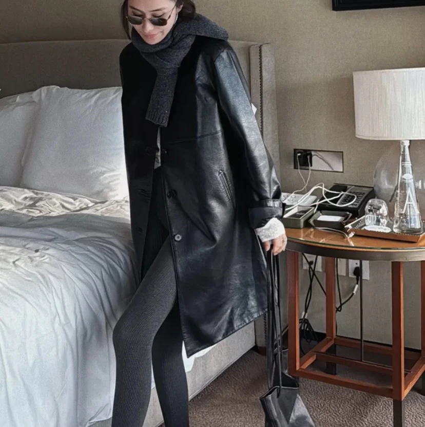 เสื้อโค้ทหนังแท้ทรงหลวมความยาวปานกลาง รุ่นใหม่ปี 2025 แฟชั่นสำหรับผู้หญิง คุณภาพพรีเมียม