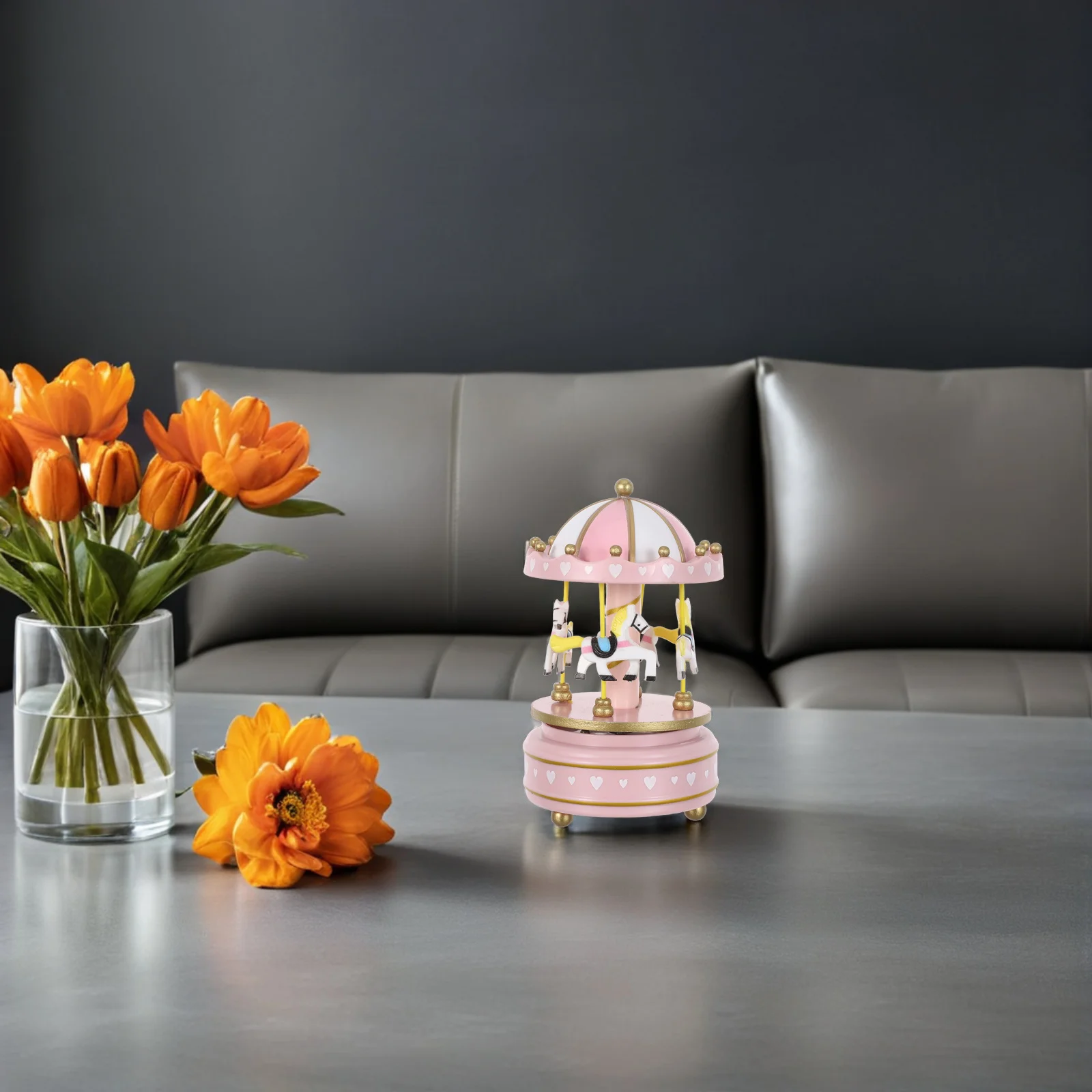 

Rotating Carousel Music Box Pink Wooden Wind-Up Musical Decor Castle In The Sky Melody Christmas Tabletop Ornament -