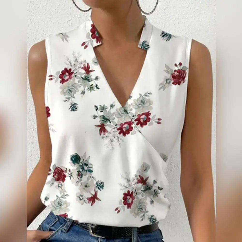 Attractive Lady Shirt Elegant Sleeveless Washable Summer Flower Print T-Shirt Lady Blouse  Women Blouse Dress-up