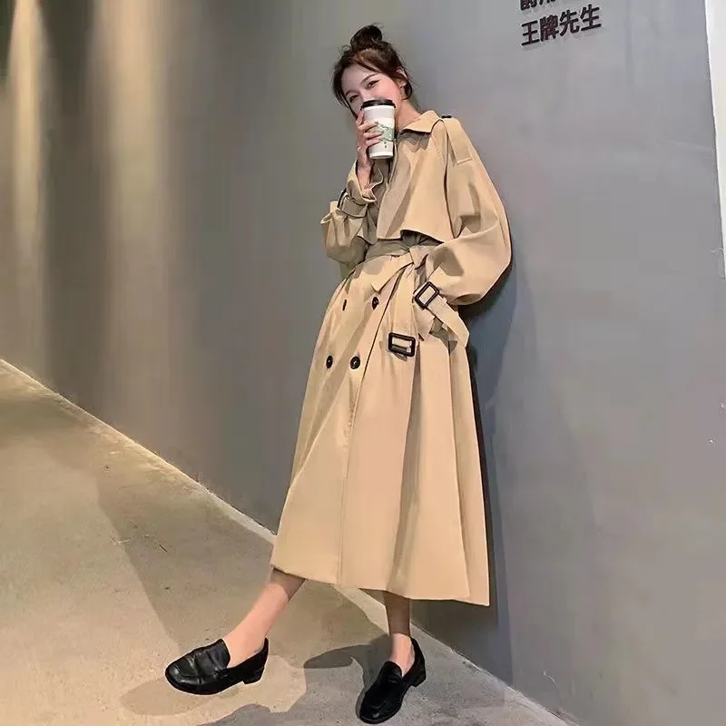 British Style Autumn Mid-Length Women Windbreaker Khaki Black Overcoat With Belt Casual Lapel Long Sleeve Female Trench Coat