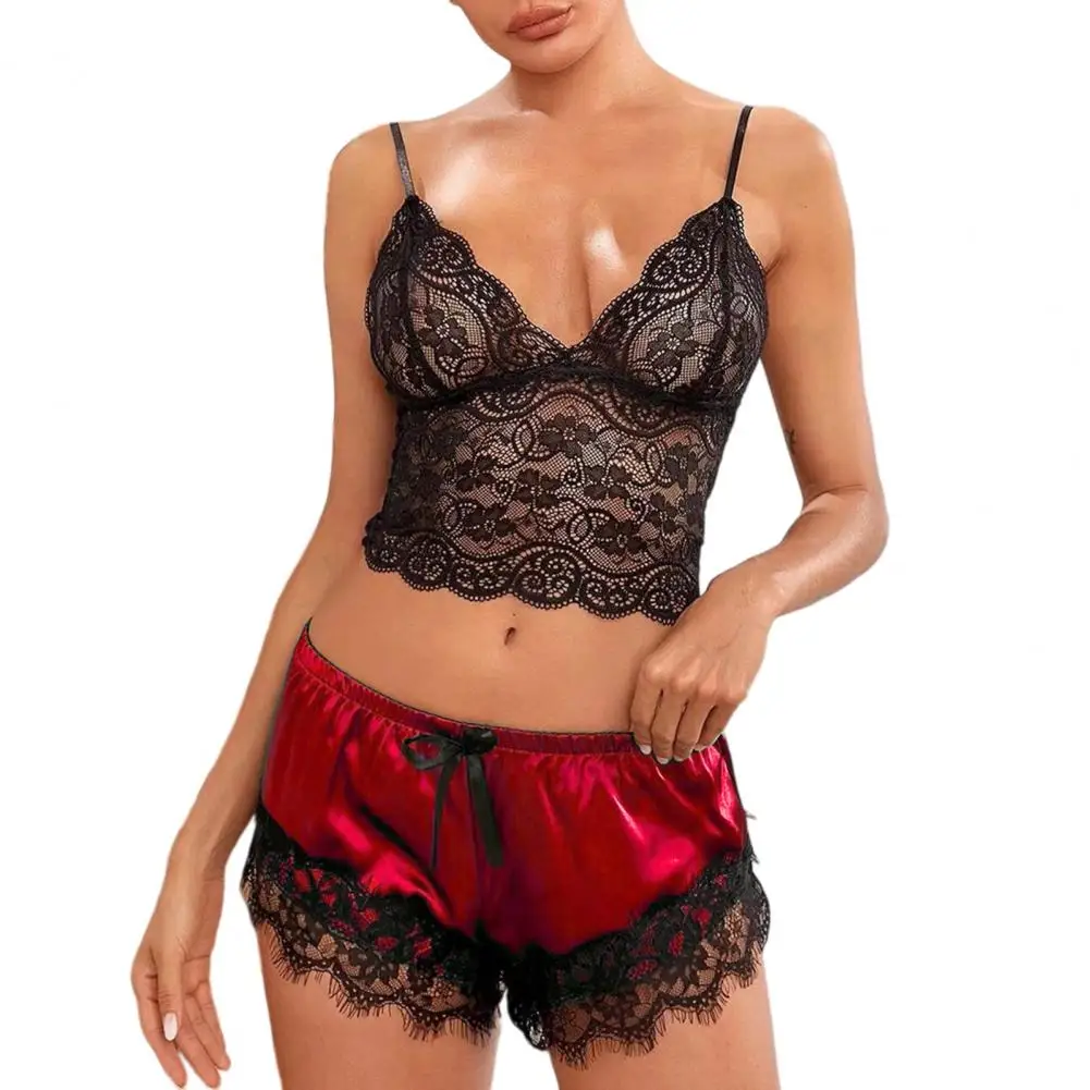 Summer Women Pajama Set Lace Pajama Top Satin Shorts With Black Silk Bow Lace Trim Sexy Lace Camisole Set Home Sleepwear