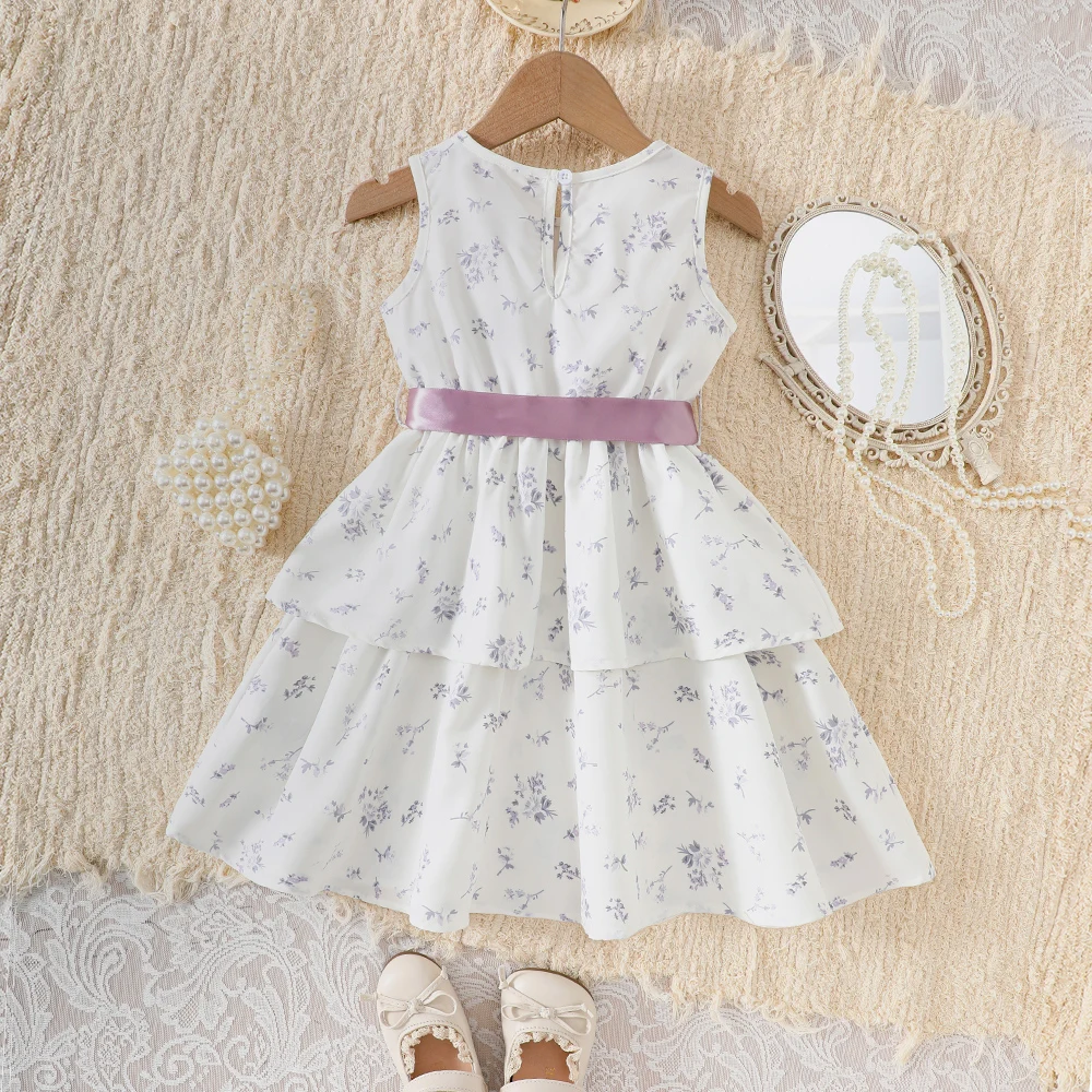 Girls' summer sleeveless vest multi-layered patchwork floral print casual dress