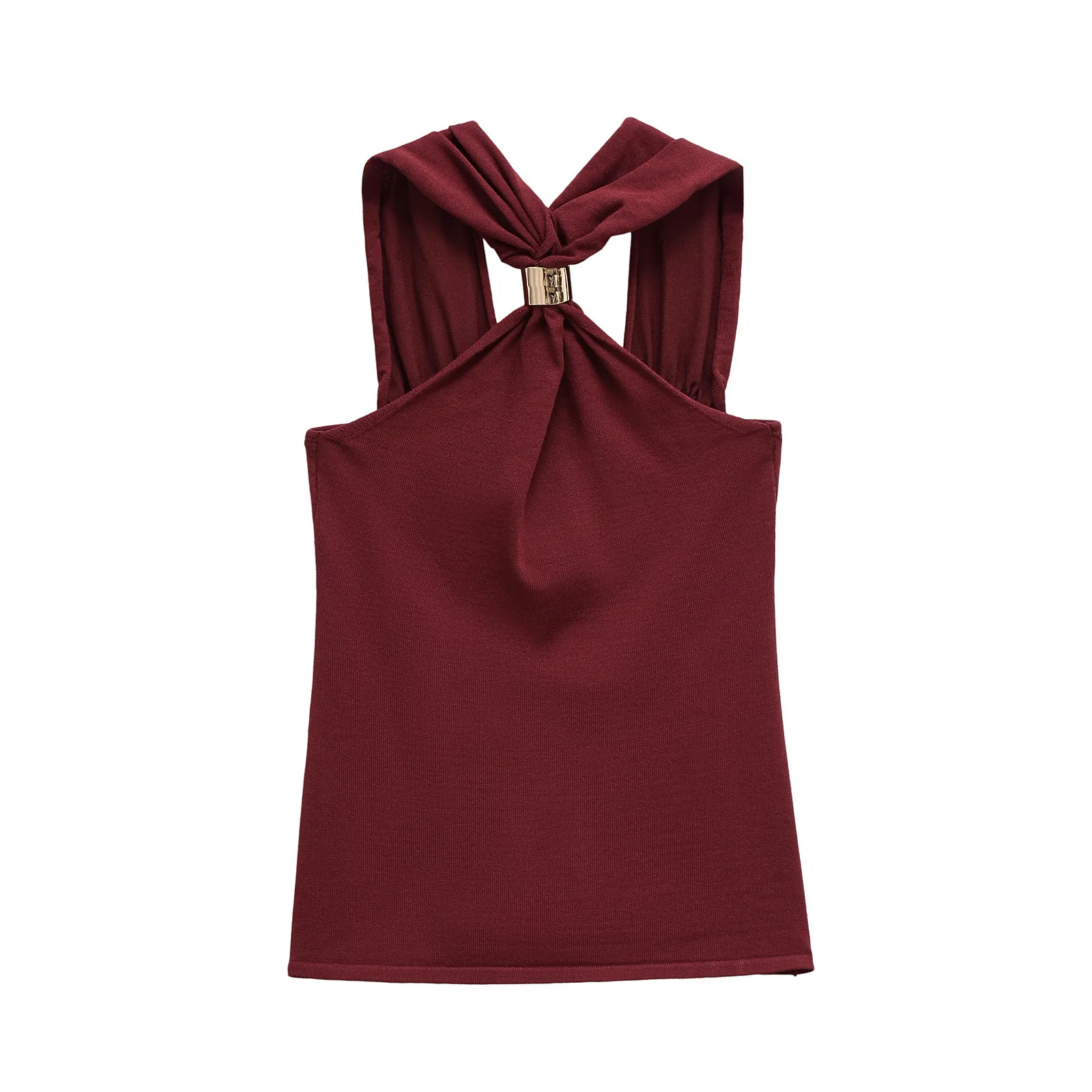 Women's Solid Color Ribbed Knit Halter Tank Top Metal Buckle Embellished Stylish Casual Sleeveless Top For Summer & Daily Wear
