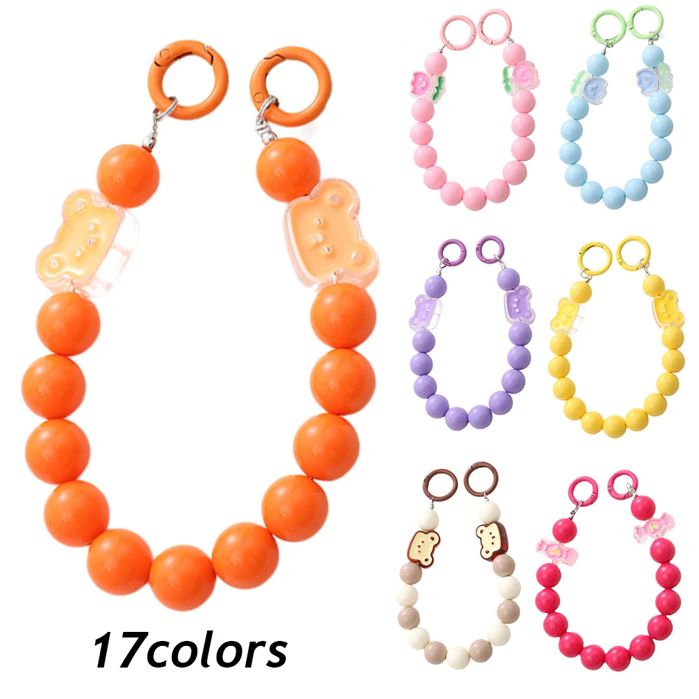 Cute Caroon Bear Beaded Phone Chain Lanyard Colorful Acrylic Pearl Beads Cell Phone Charm Strap Diy Pendant Phone Jewelry