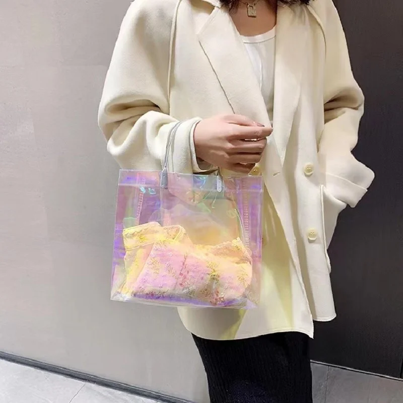 StoBag 25pcs Transparent Rainbow Shoulder Tote Bags Woman\'s Shopping Plastic Fashion Girl Gift Birthday Wedding Portable Logo