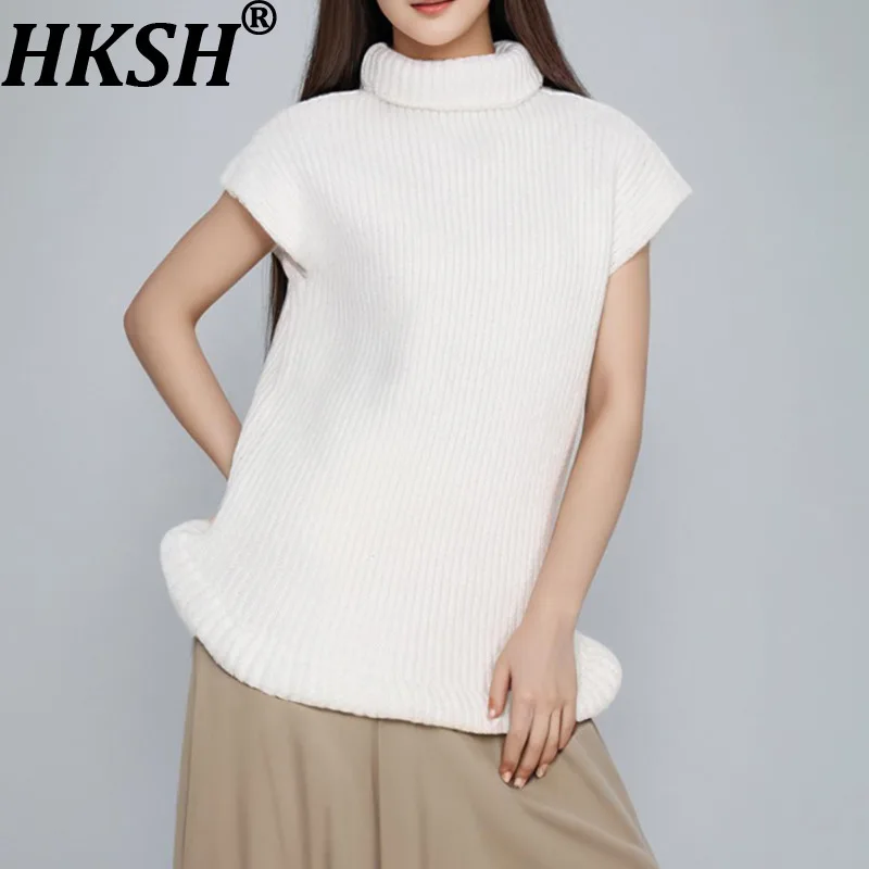 

HKSH Autumn Winter New Women Sweater Half Turtleneck Pullover Short Sleeves Solid Color Slim Fit Elegant Ins Knitted Top HK17813