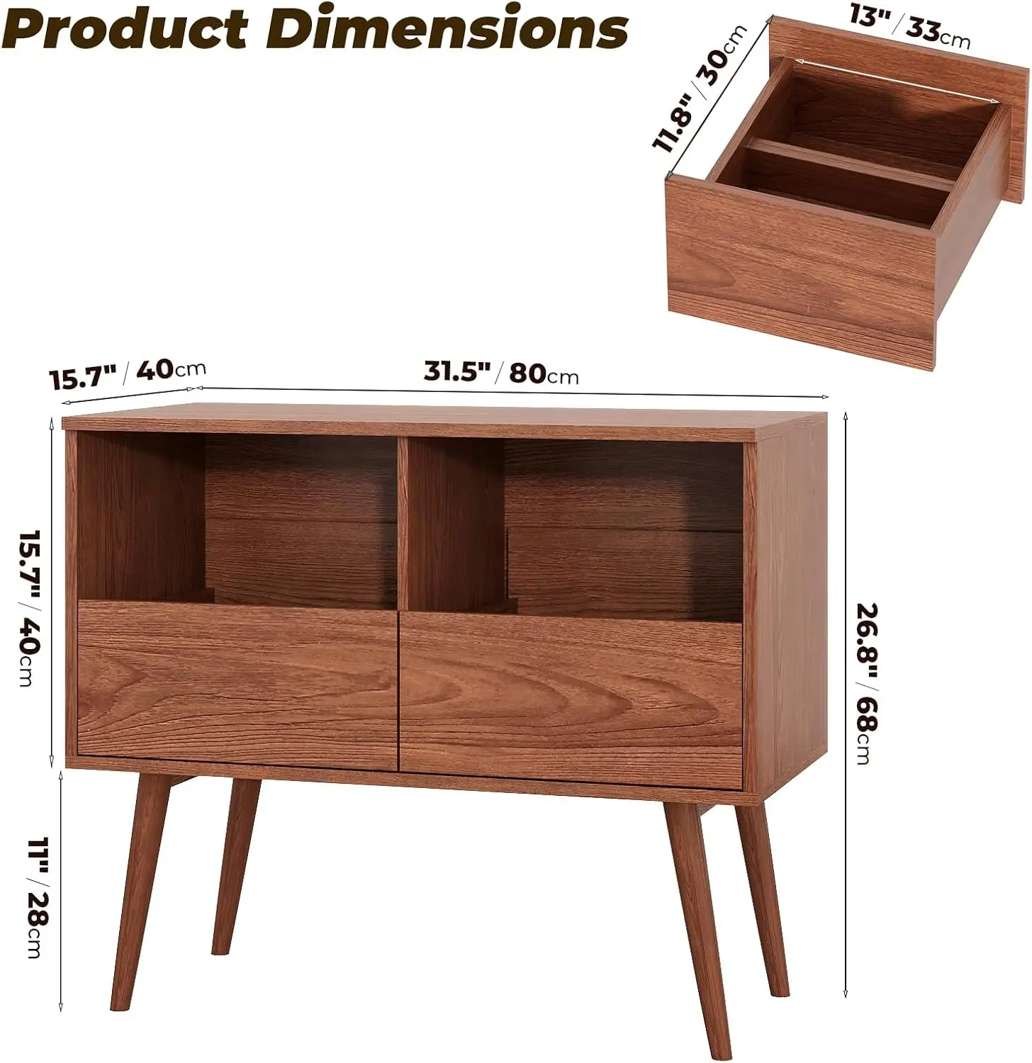 Mid Century Modern Record Player Stand with Vinyl Storage, Brown | Turntable Stand with Solid Wood Legs, 7“/10