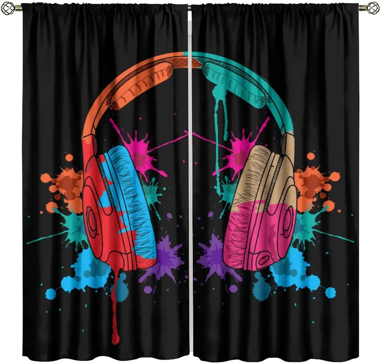 Colorful Graffiti Curtains Music Headphones DJ Art Print Blackout Window Drapes for Bedroom Living Room Kitchen Cafe Decor