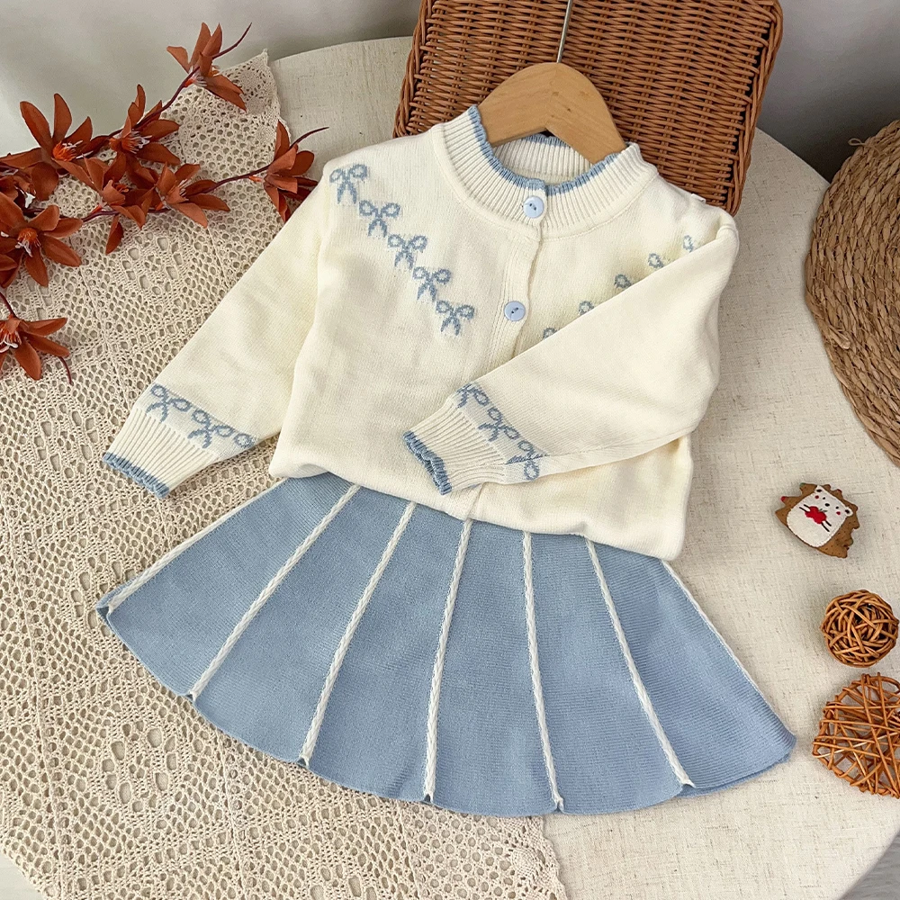 Korean Version Sweet Bow Printed Girl Outfits Autumn and Winter Knitted Long Sleeved Sweater Cardigan Short Skirt Girls' Clothes