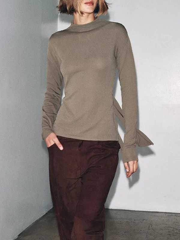 

Autumn Women's Knitted Long Sve Top with Ba Bow Decoration f High Collar Casual Comfortable Faionable Ladies' Wear