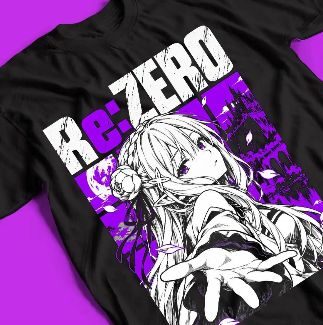 Emilia  Re Zero Starting Life in Another World Anime Purple Castle Graphic T-Shirt Cotton Men Women Streetwear Tee