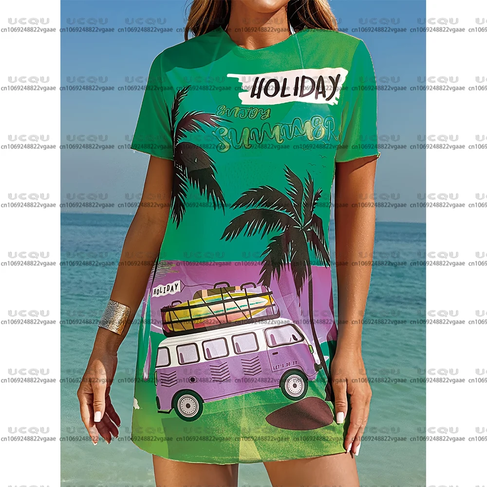 شاطئ البحر عطلة المرأة عادية جزيرة هاواي فستان قصير الأكمام تنورة الشاطئ تي شيرت تي شيرت هدية Y2k لينة ملابس خاصة في الهواء الطلق جديد