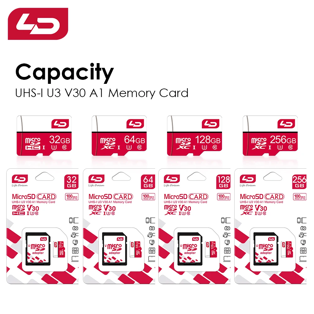 بطاقة SD صغيرة LD U3 بطاقة SD صغيرة 32 جيجابايت 64 جيجابايت 128 جيجابايت 256 جيجابايت 512 جيجابايت عالية السرعة للكتابة لكاميرا الهاتف
