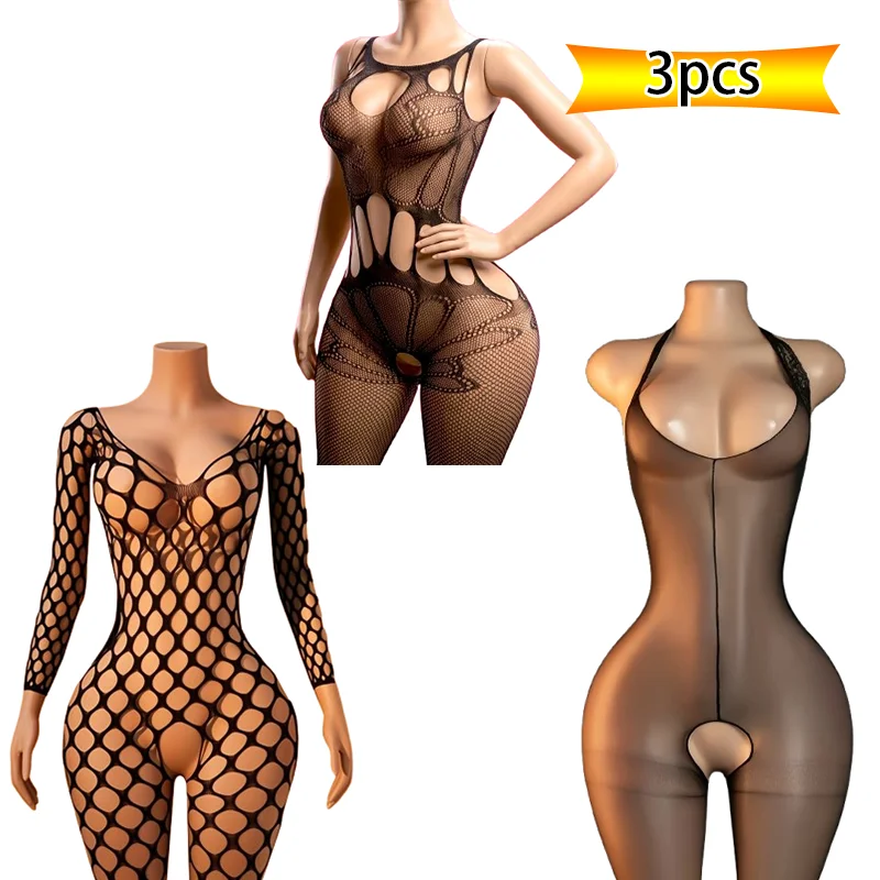 Bodystocking Fishnet - 3-teiliges Set: Sexy Neckholder-Netz-Bodystocking, ausgeschnittener Netz-Jumpsuit